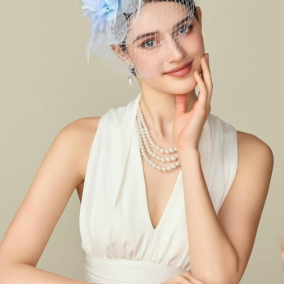 Women Fascinators Hat Light Blue Mesh Feathers Veil Derby Tea Party - Picture 5 of 6